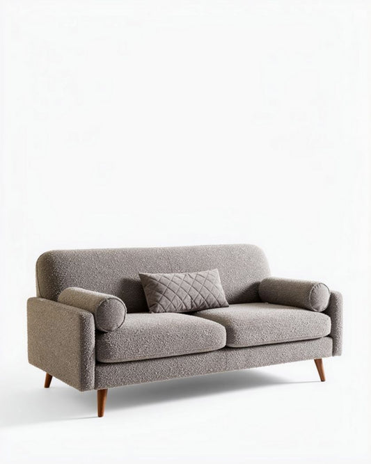Grijze stoffen bank met twee kussens en houten poten 190 x 80 x 85cm