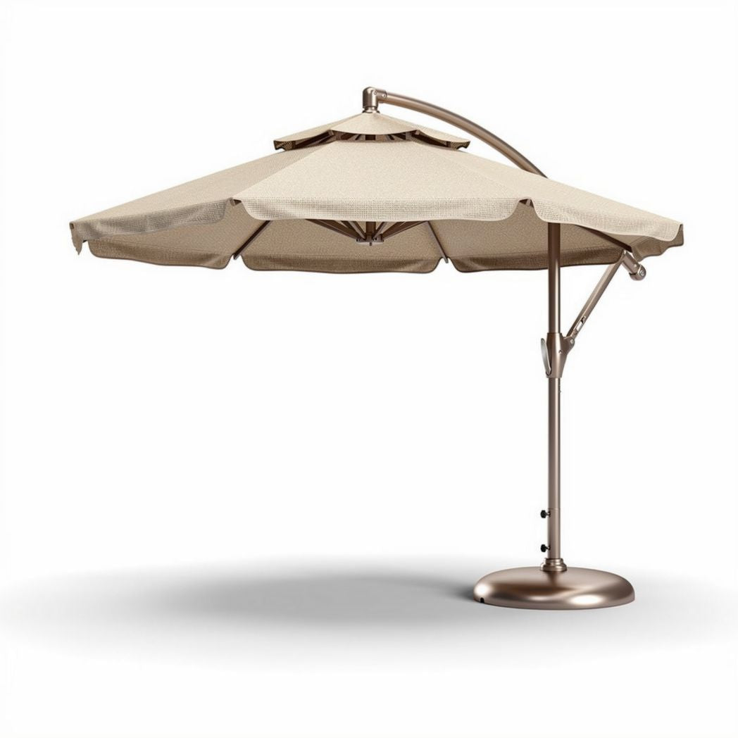 Luxueuze parasol van aluminium met een beige doek voor buitengebruik