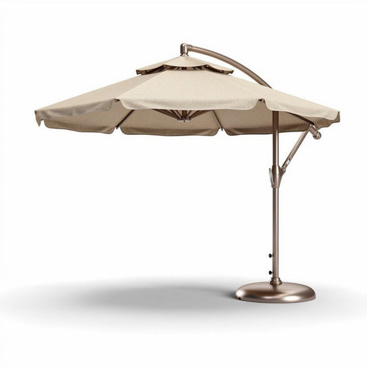 Luxueuze parasol van aluminium met een beige doek voor buitengebruik