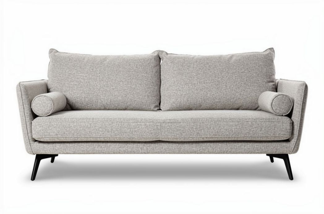 Lichte grijze bank 180 x 85 x 80cm met kussenarmleuningen en metalen poten