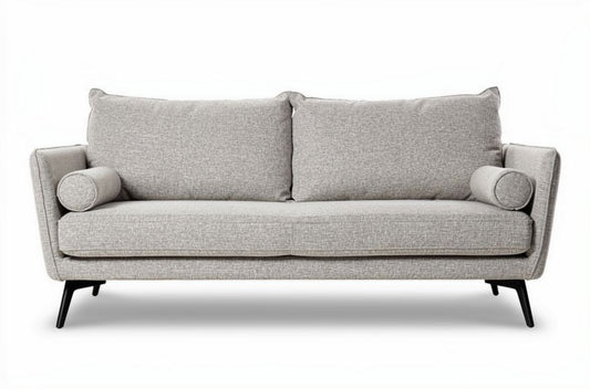 Lichte grijze bank 180 x 85 x 80cm met kussenarmleuningen en metalen poten