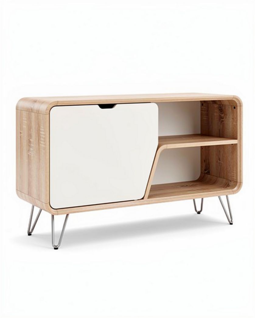 Houten dressoir met witte deur en open schappen 90 x 40 x 70cm