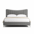 Grijs stoffen bed met hoofdbord en afmetingen 200 x 160 x 100cm