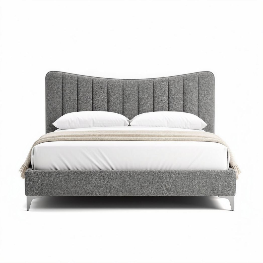 Grijs stoffen bed met hoofdbord en afmetingen 200 x 160 x 100cm