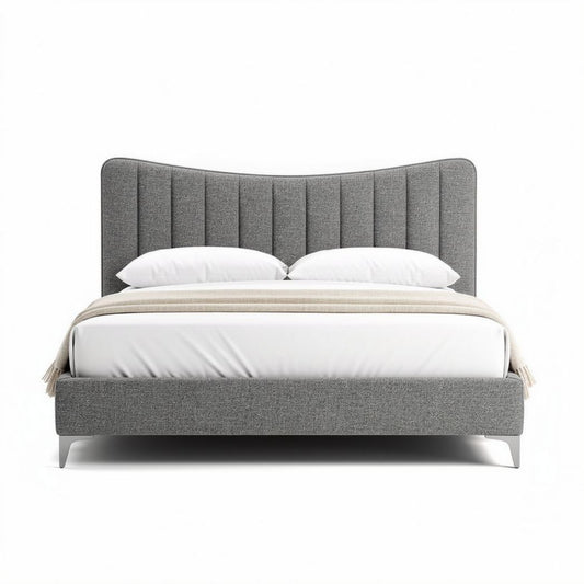 Grijs stoffen bed met hoofdbord en afmetingen 200 x 160 x 100cm