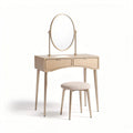Houten toilettafel met ronde spiegel en gestoffeerde kruk in beige 120 x 60 x 150cm