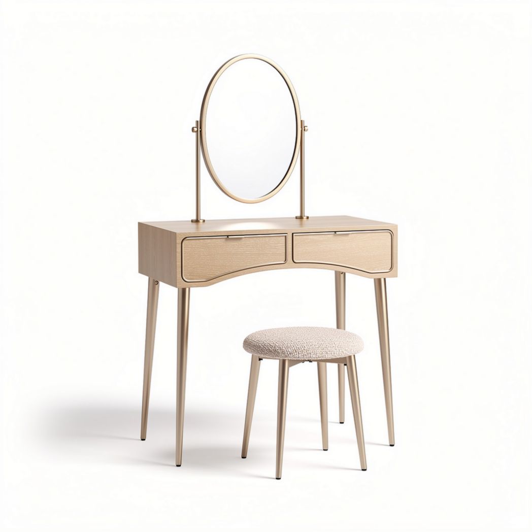 Houten toilettafel met ronde spiegel en gestoffeerde kruk in beige 120 x 60 x 150cm