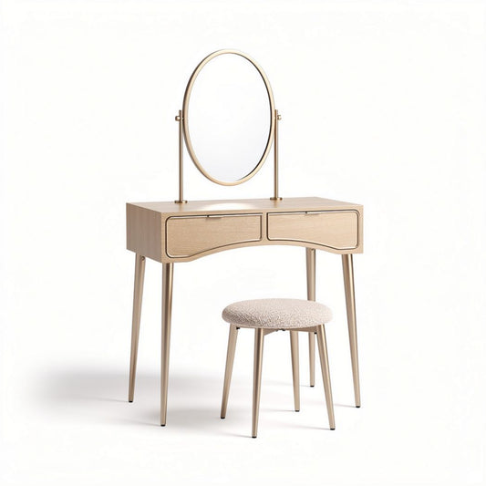 Houten toilettafel met ronde spiegel en gestoffeerde kruk in beige 120 x 60 x 150cm