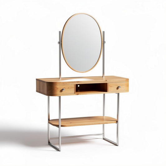 houten kaptafel met ronde spiegel en metalen onderstel 100 x 40 x 150cm