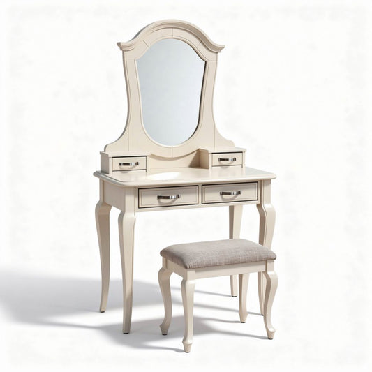 toilettafel met spiegel en zachte poef in crème kleur 75 x 40 x 130cm
