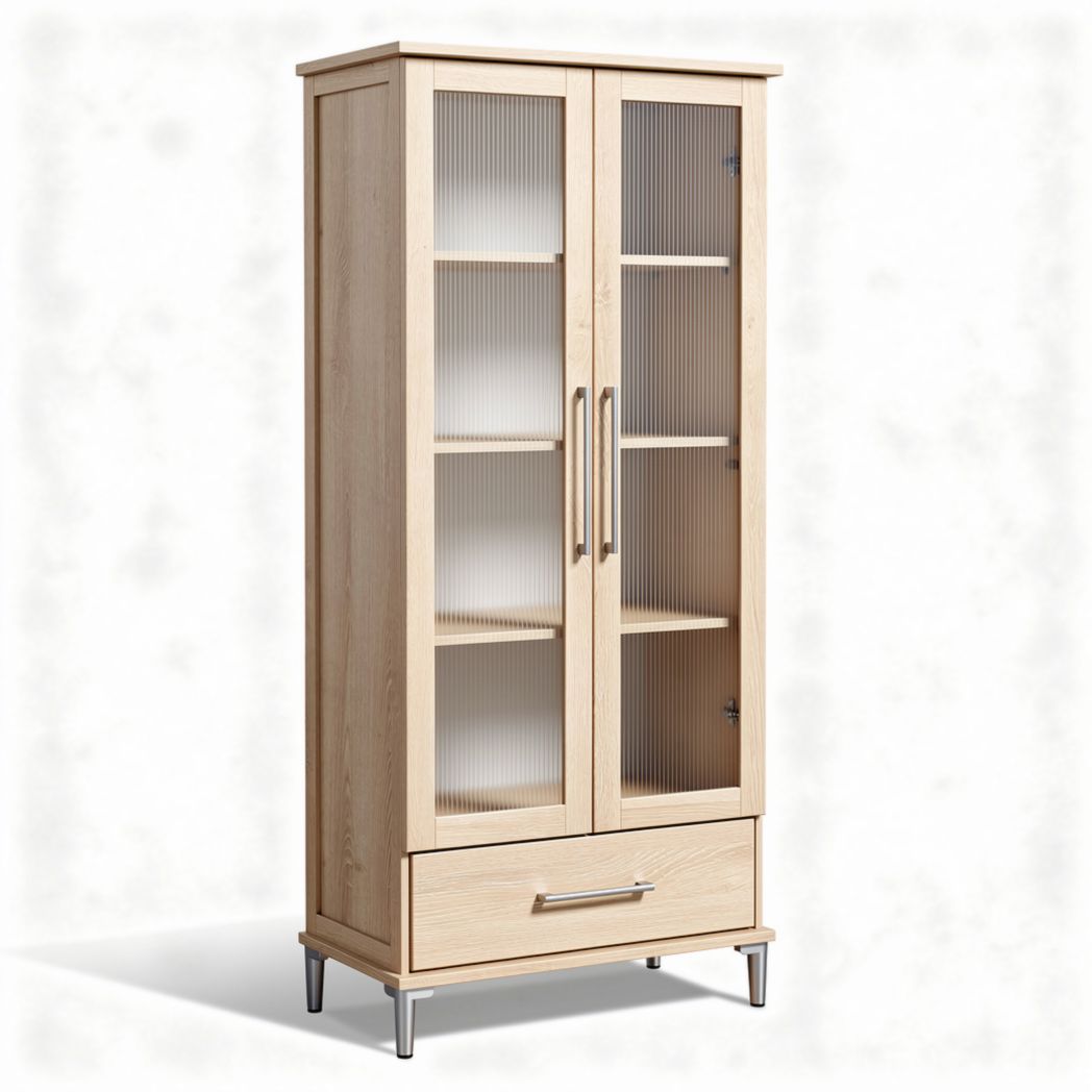 Houten vitrinekast met glazen deuren en lade afmetingen 50 x 40 x 180cm