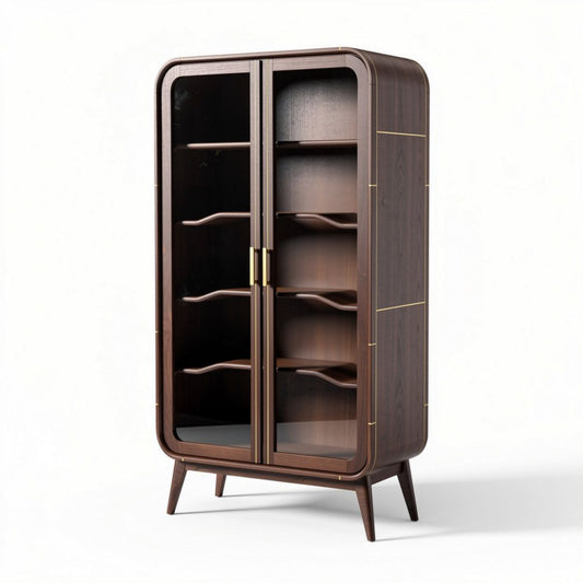Houten vitrinekast met glazen deuren en zes planken in bruin 80 x 40 x 150cm