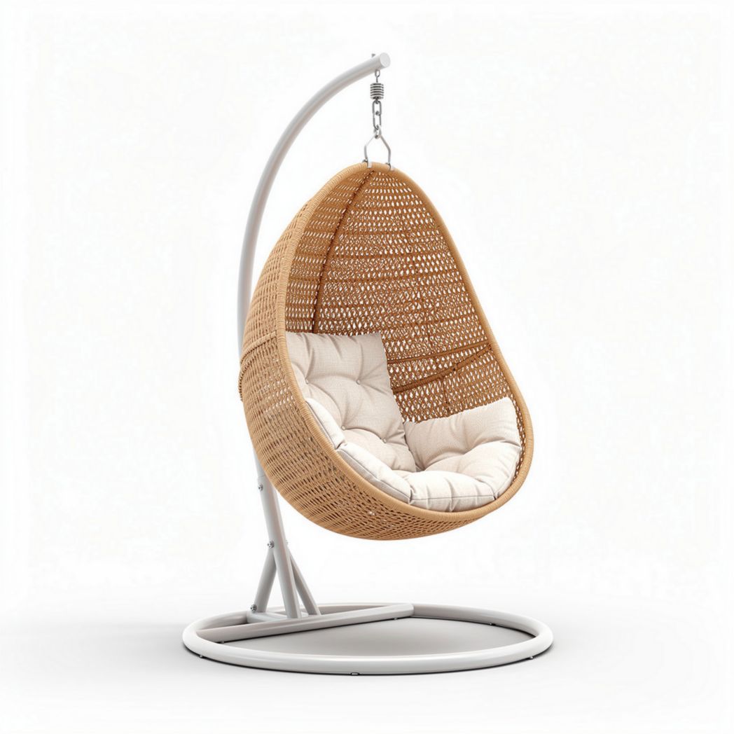 hangstoel van gevlochten rattan met kussen en metalen standaard 90 x 75 x 110cm