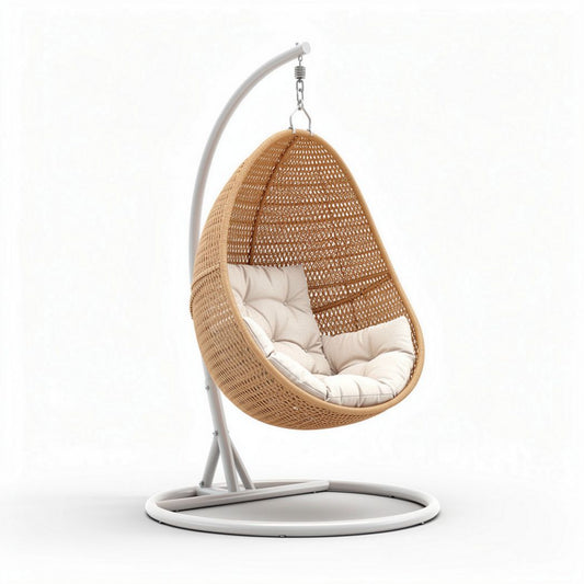 hangstoel van gevlochten rattan met kussen en metalen standaard 90 x 75 x 110cm